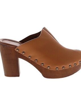 Women's Tan Leather Studded Clog Heels